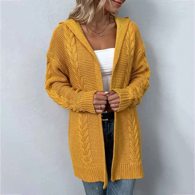 Women Hooded Open Front Cardigan Cable Knit Sweaters Solid Color Chunky Long Sweater Coats K254