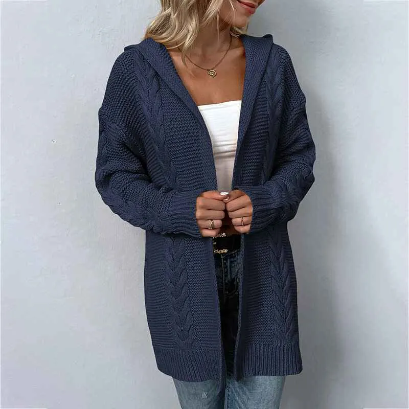 Women Hooded Open Front Cardigan Cable Knit Sweaters Solid Color Chunky Long Sweater Coats K254