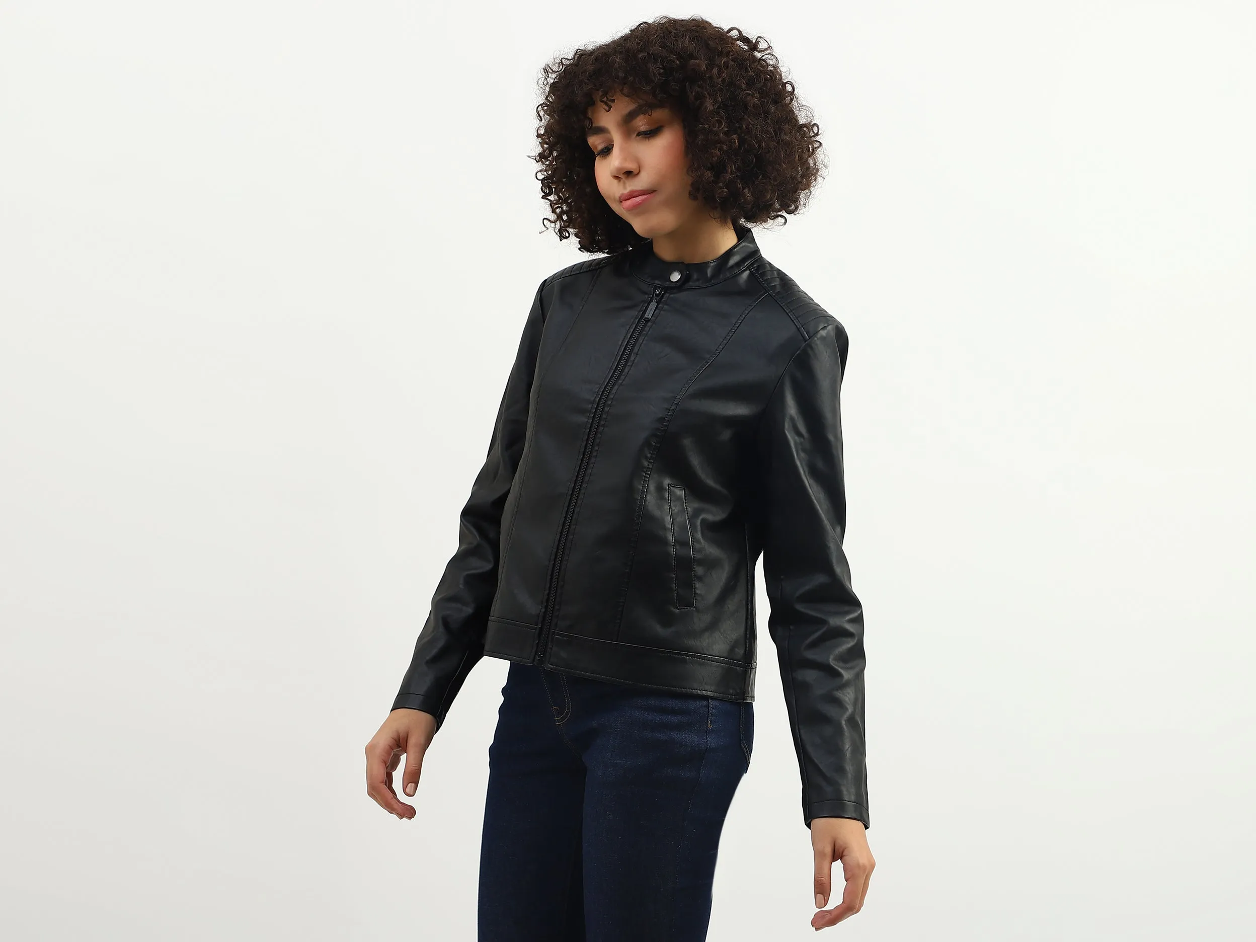 Women Solid Band Collar Jacket