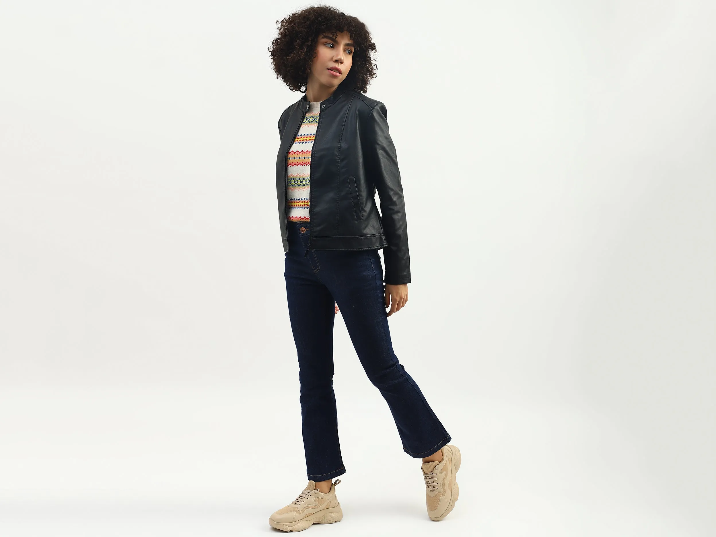Women Solid Band Collar Jacket