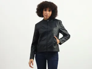Women Solid Band Collar Jacket