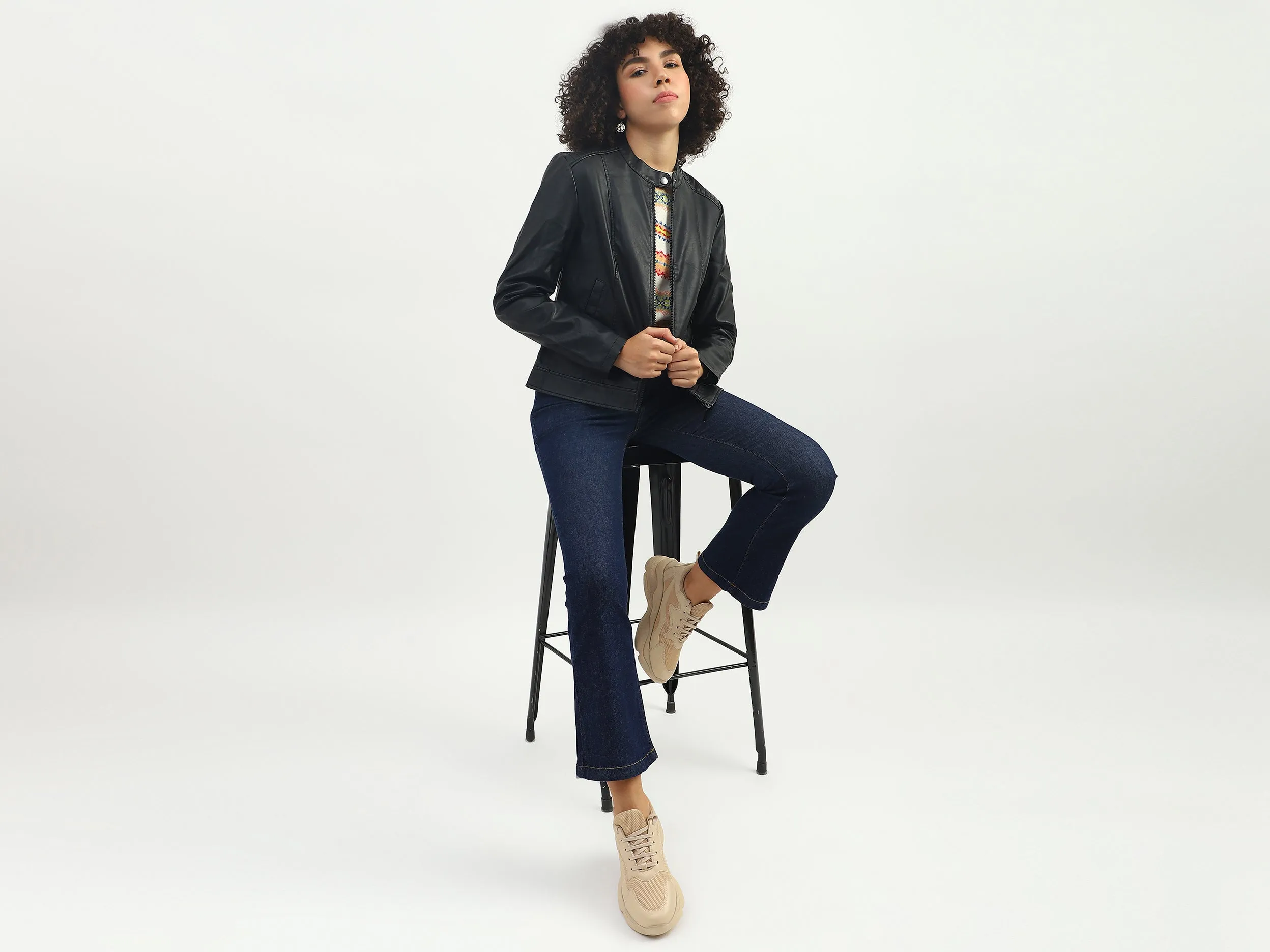 Women Solid Band Collar Jacket