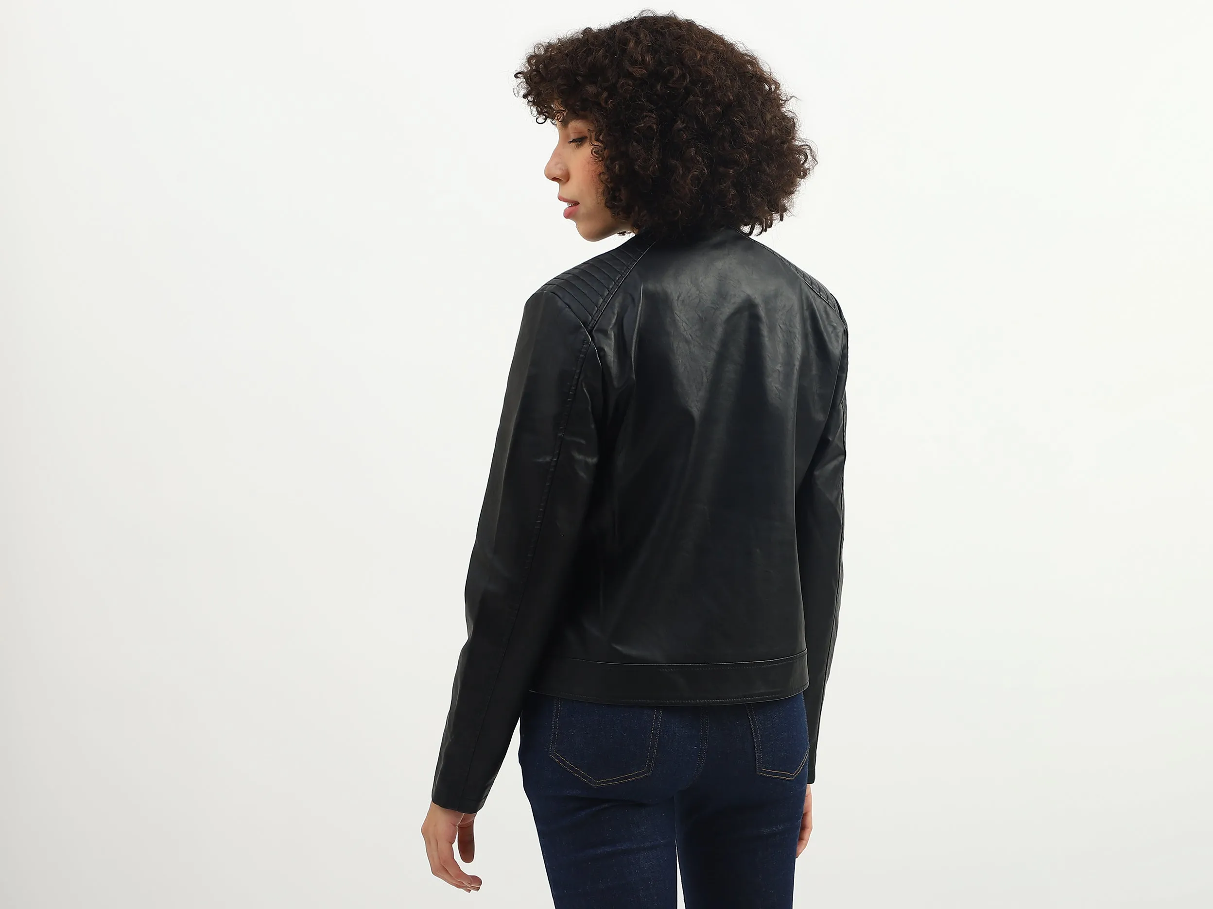 Women Solid Band Collar Jacket