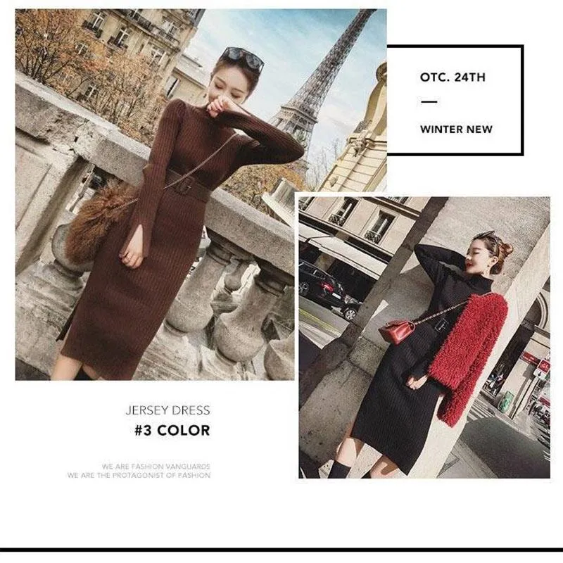 Women Solid Knitted Sweater Dresses Loose O-neck Pullover Sexy Casual Knitted Solid Sweaters Dress