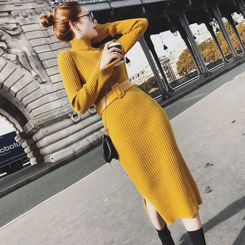 Women Solid Knitted Sweater Dresses Loose O-neck Pullover Sexy Casual Knitted Solid Sweaters Dress