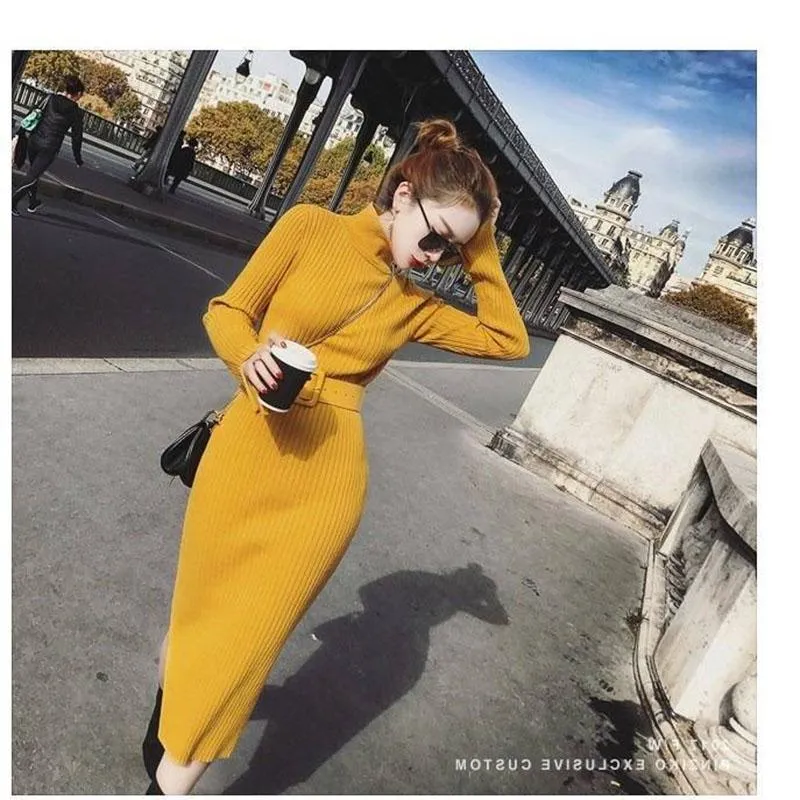 Women Solid Knitted Sweater Dresses Loose O-neck Pullover Sexy Casual Knitted Solid Sweaters Dress
