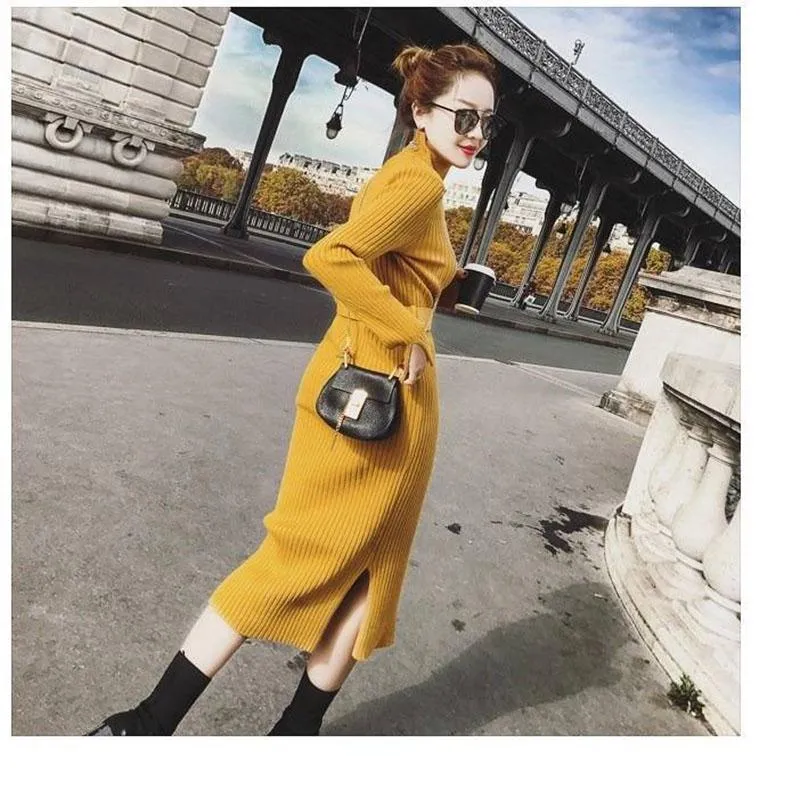 Women Solid Knitted Sweater Dresses Loose O-neck Pullover Sexy Casual Knitted Solid Sweaters Dress