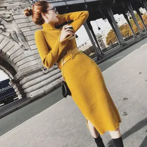 Women Solid Knitted Sweater Dresses Loose O-neck Pullover Sexy Casual Knitted Solid Sweaters Dress