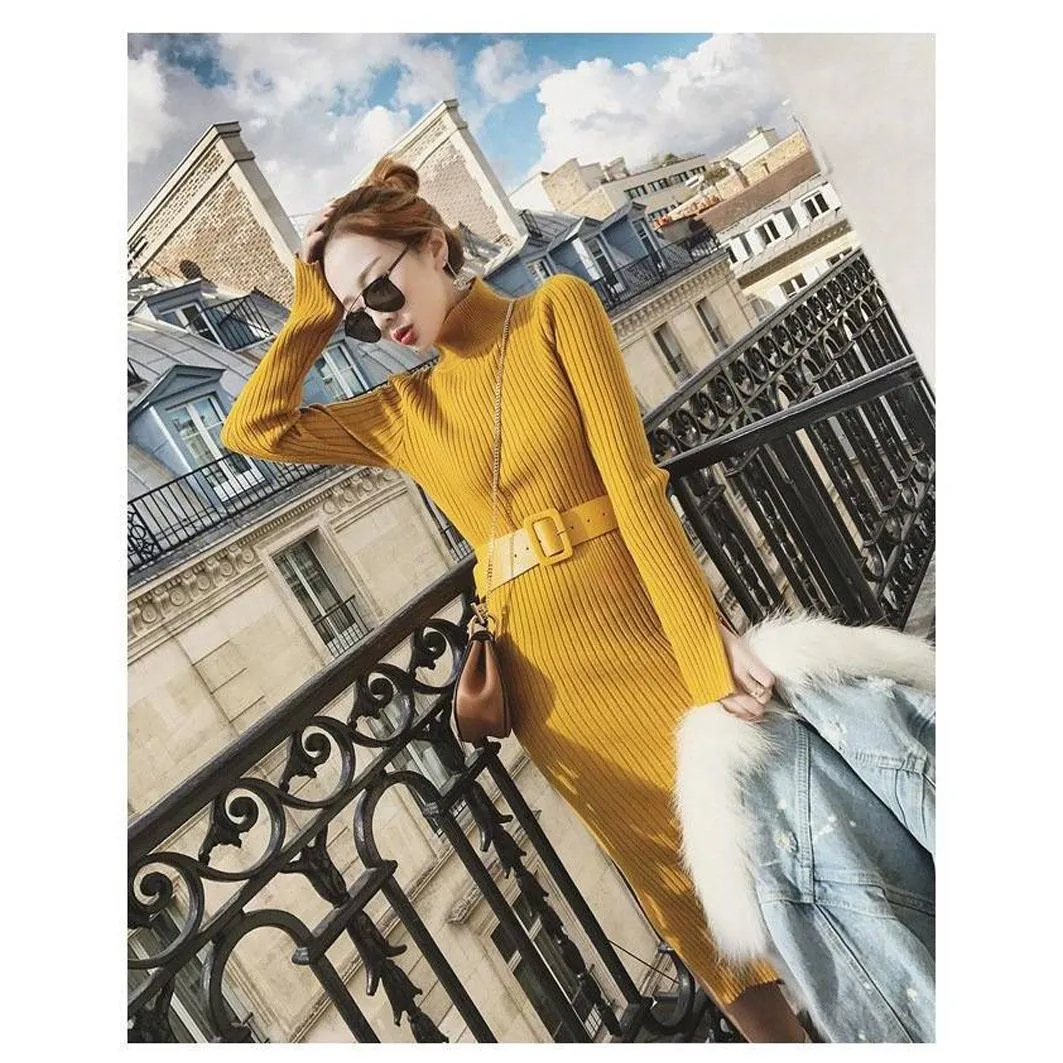 Women Solid Knitted Sweater Dresses Loose O-neck Pullover Sexy Casual Knitted Solid Sweaters Dress