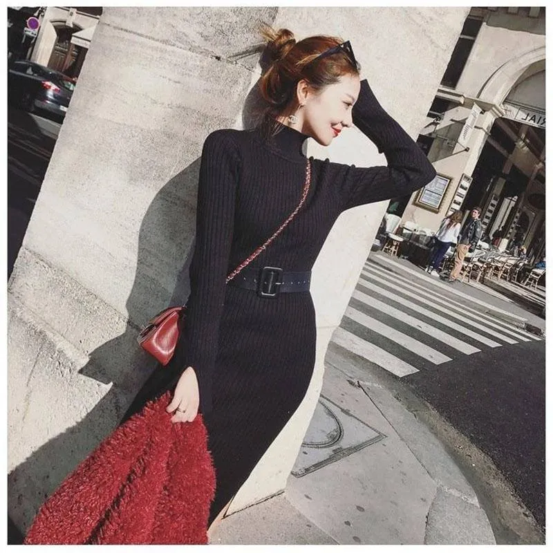 Women Solid Knitted Sweater Dresses Loose O-neck Pullover Sexy Casual Knitted Solid Sweaters Dress