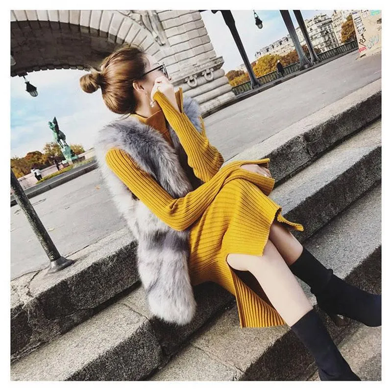 Women Solid Knitted Sweater Dresses Loose O-neck Pullover Sexy Casual Knitted Solid Sweaters Dress
