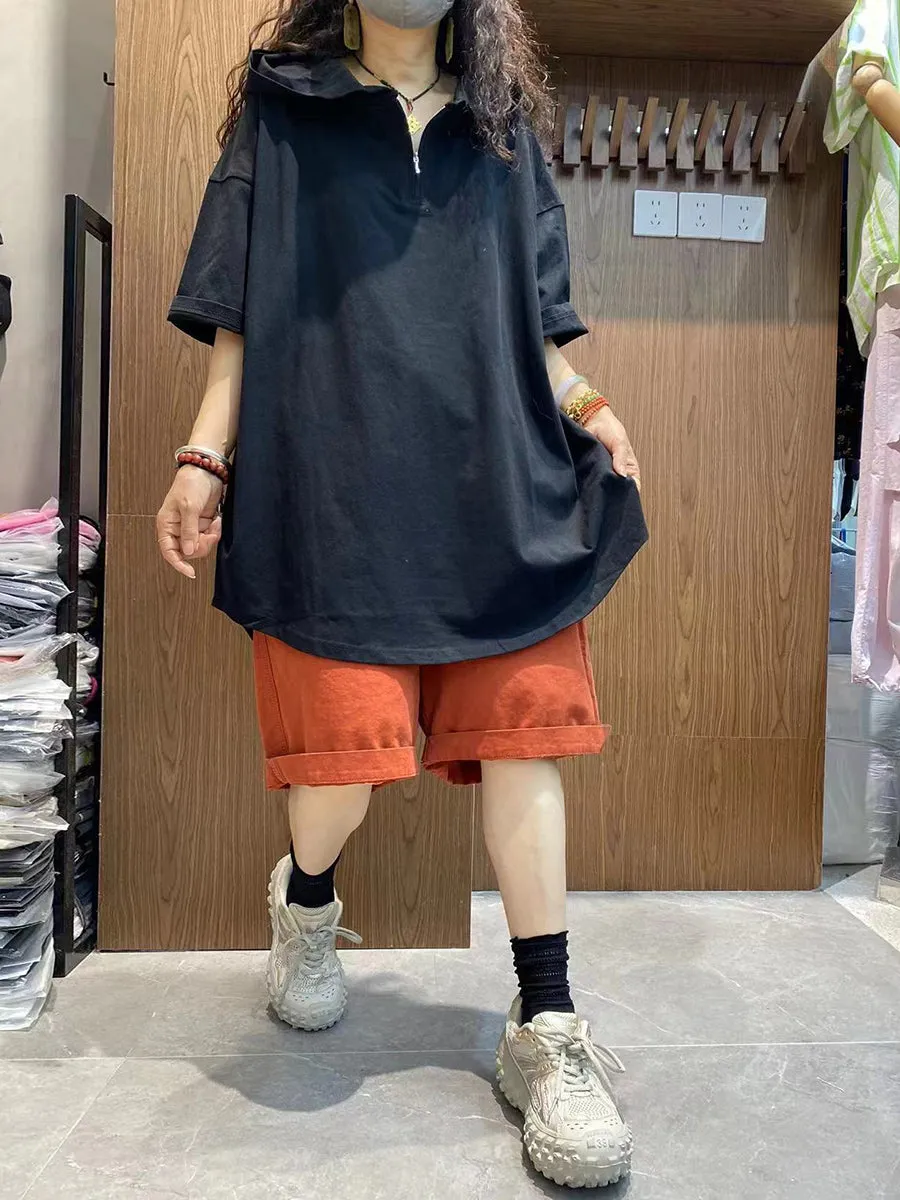 Women Summer Casual Pure Color Hooded Cotton Shirt