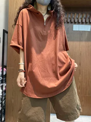 Women Summer Casual Pure Color Hooded Cotton Shirt