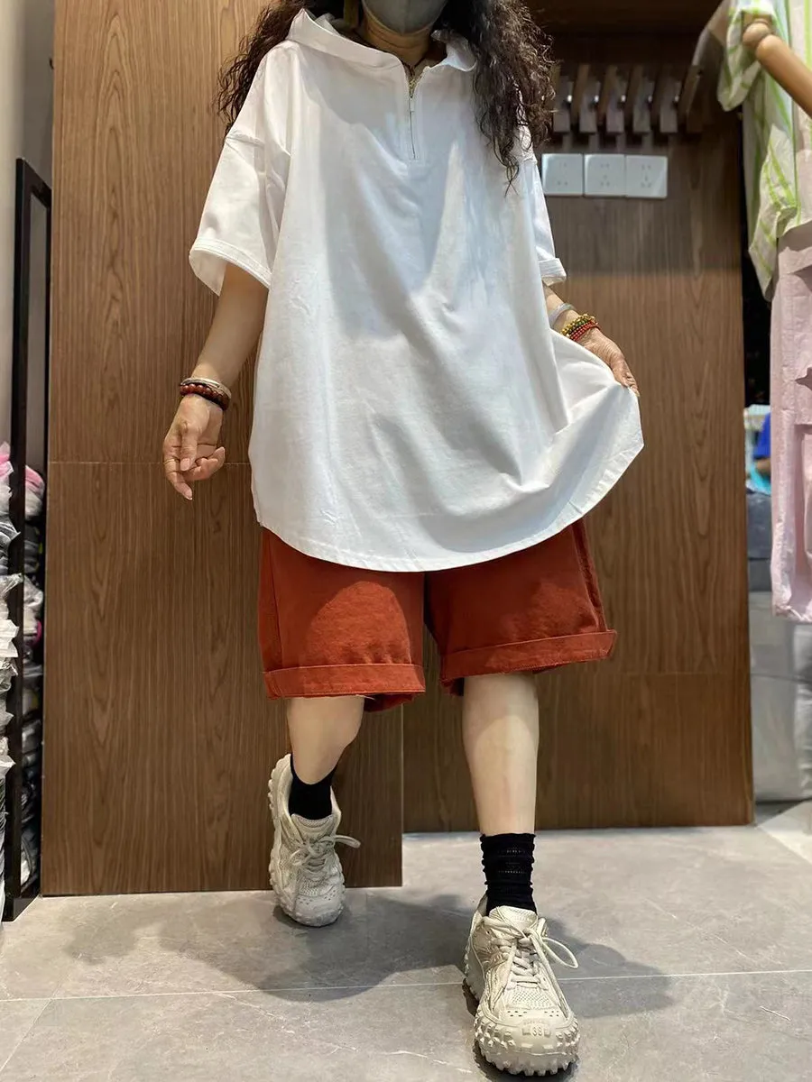 Women Summer Casual Pure Color Hooded Cotton Shirt