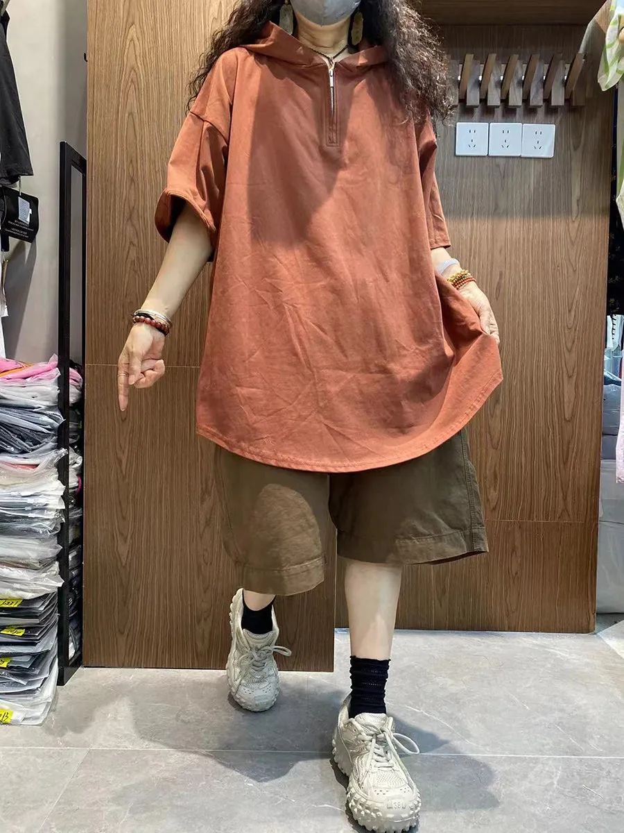 Women Summer Casual Pure Color Hooded Cotton Shirt