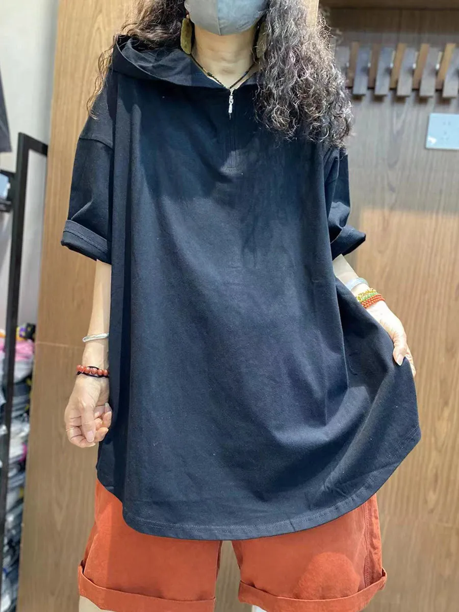 Women Summer Casual Pure Color Hooded Cotton Shirt