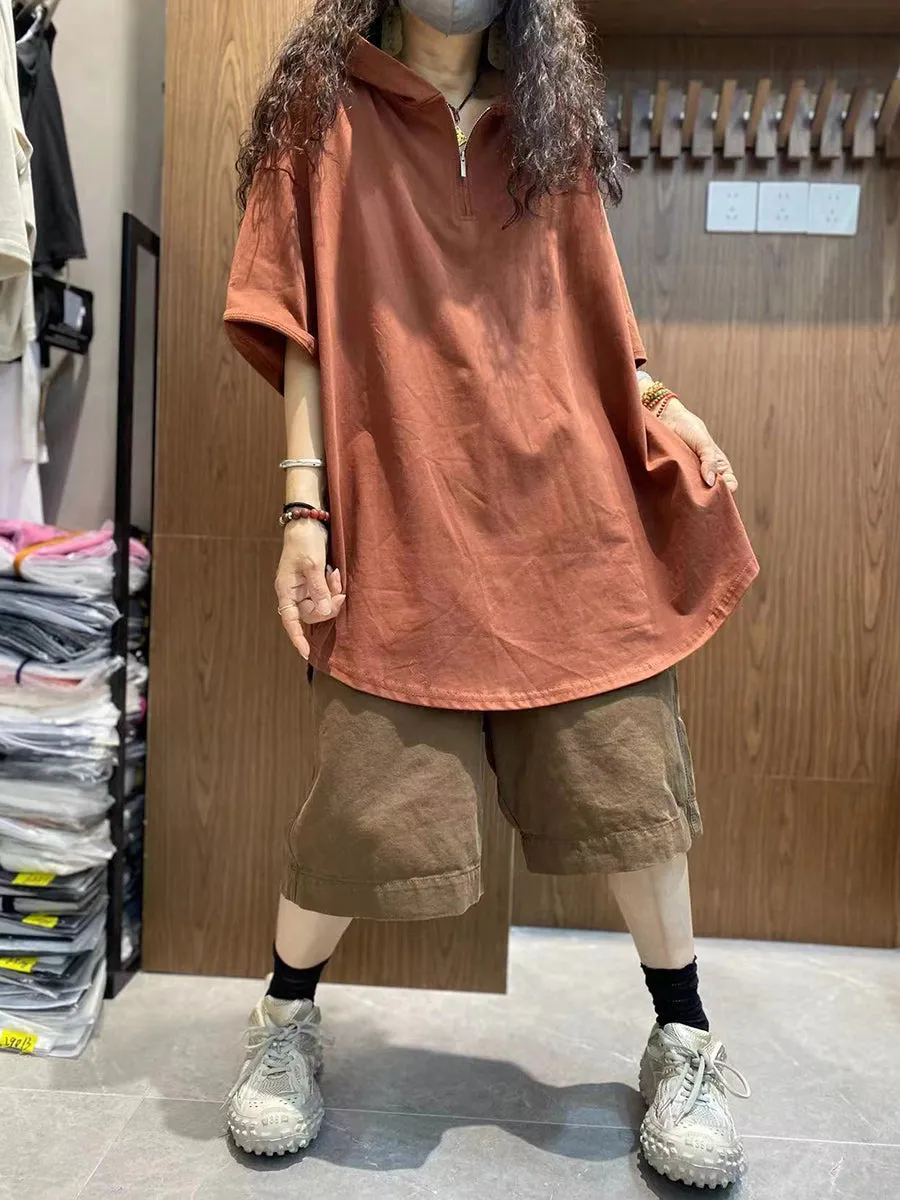 Women Summer Casual Pure Color Hooded Cotton Shirt