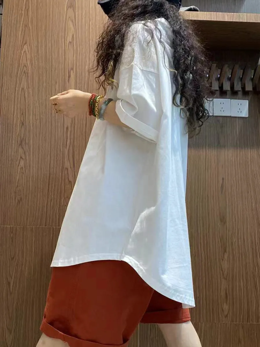 Women Summer Casual Pure Color Hooded Cotton Shirt