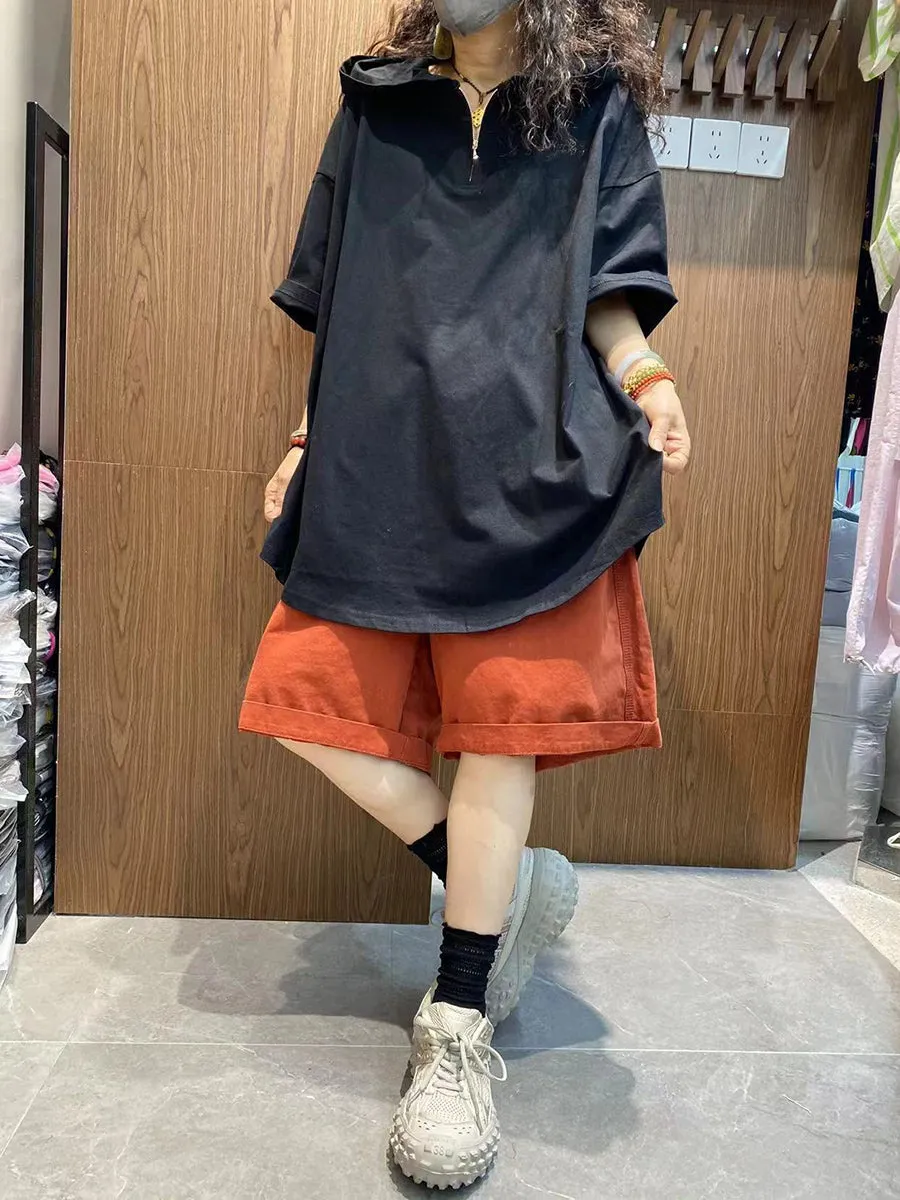 Women Summer Casual Pure Color Hooded Cotton Shirt