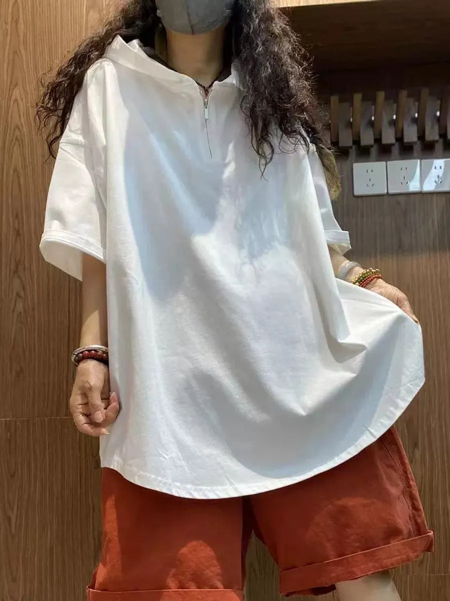 Women Summer Casual Pure Color Hooded Cotton Shirt