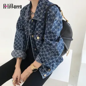 Women Vintage Loose Long Sleeve Print Cotton Jean Jackets Spring Fall Female Casual Blue Denim Jacket Coats Streetwear Outwear