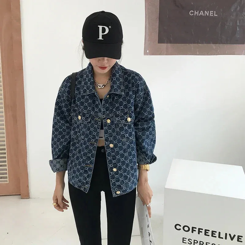 Women Vintage Loose Long Sleeve Print Cotton Jean Jackets Spring Fall Female Casual Blue Denim Jacket Coats Streetwear Outwear