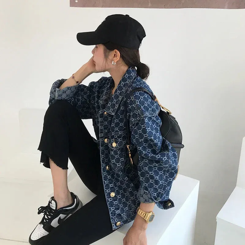 Women Vintage Loose Long Sleeve Print Cotton Jean Jackets Spring Fall Female Casual Blue Denim Jacket Coats Streetwear Outwear