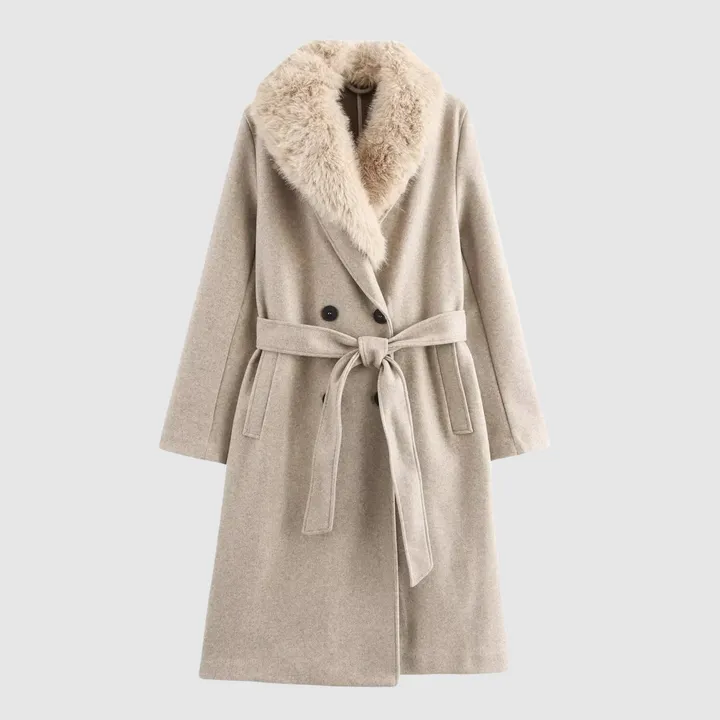 Women's Beige Belted Classic Winter Coat (Gerd)
