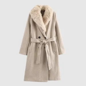 Women's Beige Belted Classic Winter Coat (Gerd)