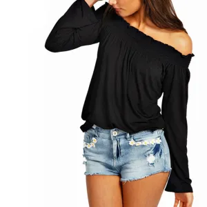 Womens Blouses Ladies Solid Shirred Off Shoulder Tops Casual Blouse Shirts