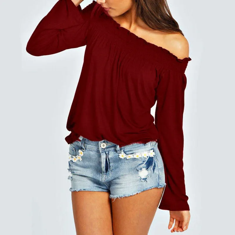 Womens Blouses Ladies Solid Shirred Off Shoulder Tops Casual Blouse Shirts