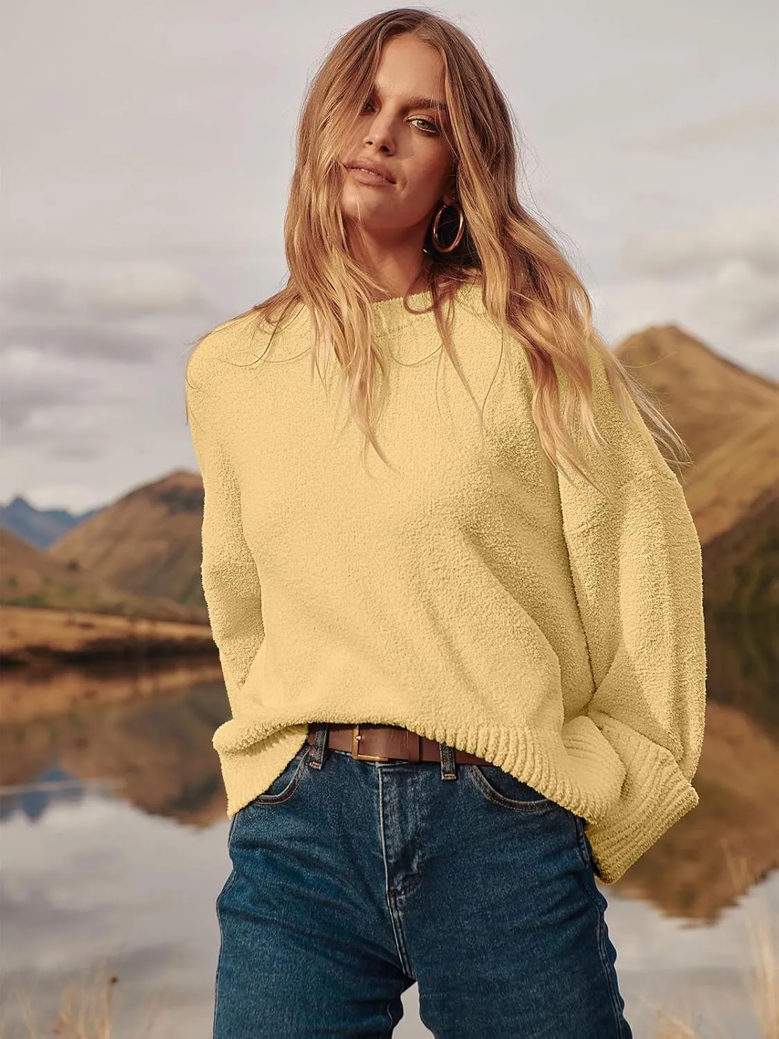 Women's Oversized Crewneck Long Sleeve Fuzzy Knit Casual Chunky Warm 2024 Fall Pullover Sweaters Top Trendy Outfits