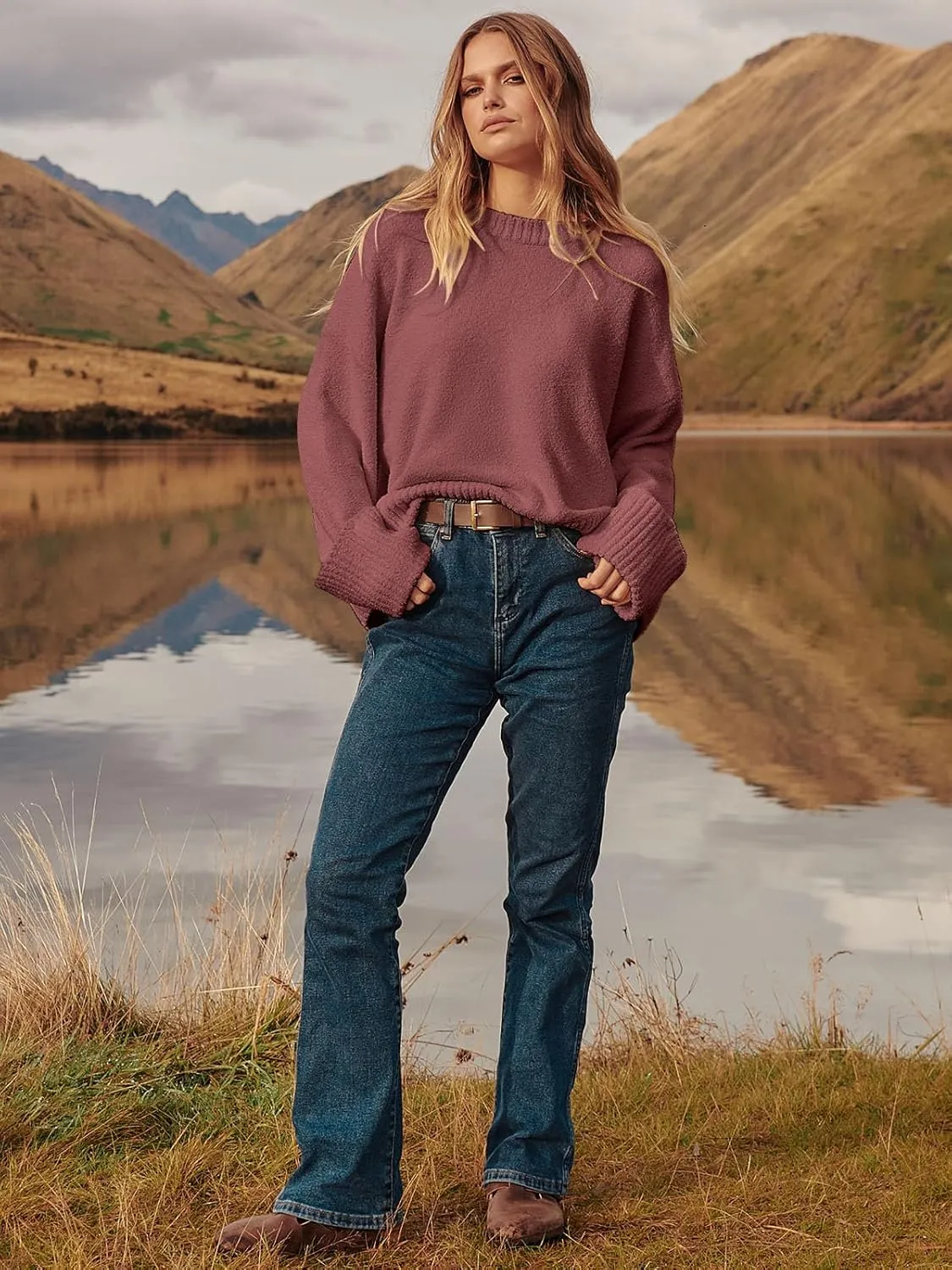 Women's Oversized Crewneck Long Sleeve Fuzzy Knit Casual Chunky Warm 2024 Fall Pullover Sweaters Top Trendy Outfits