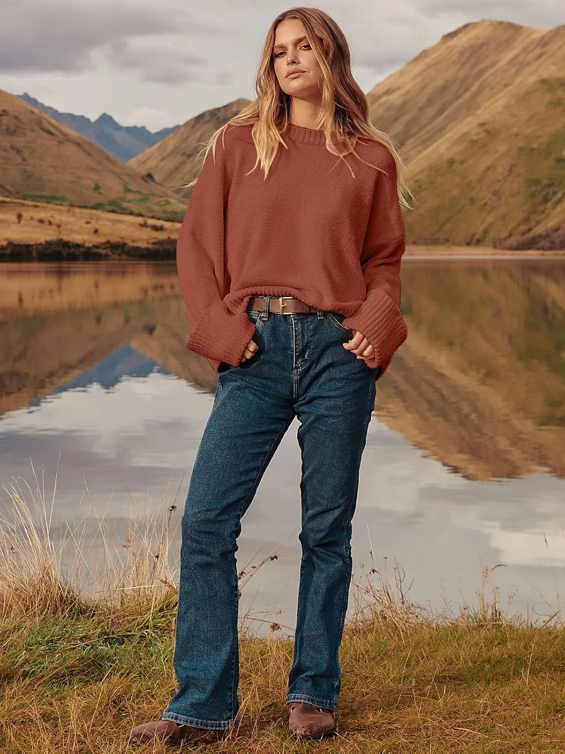 Women's Oversized Crewneck Long Sleeve Fuzzy Knit Casual Chunky Warm 2024 Fall Pullover Sweaters Top Trendy Outfits