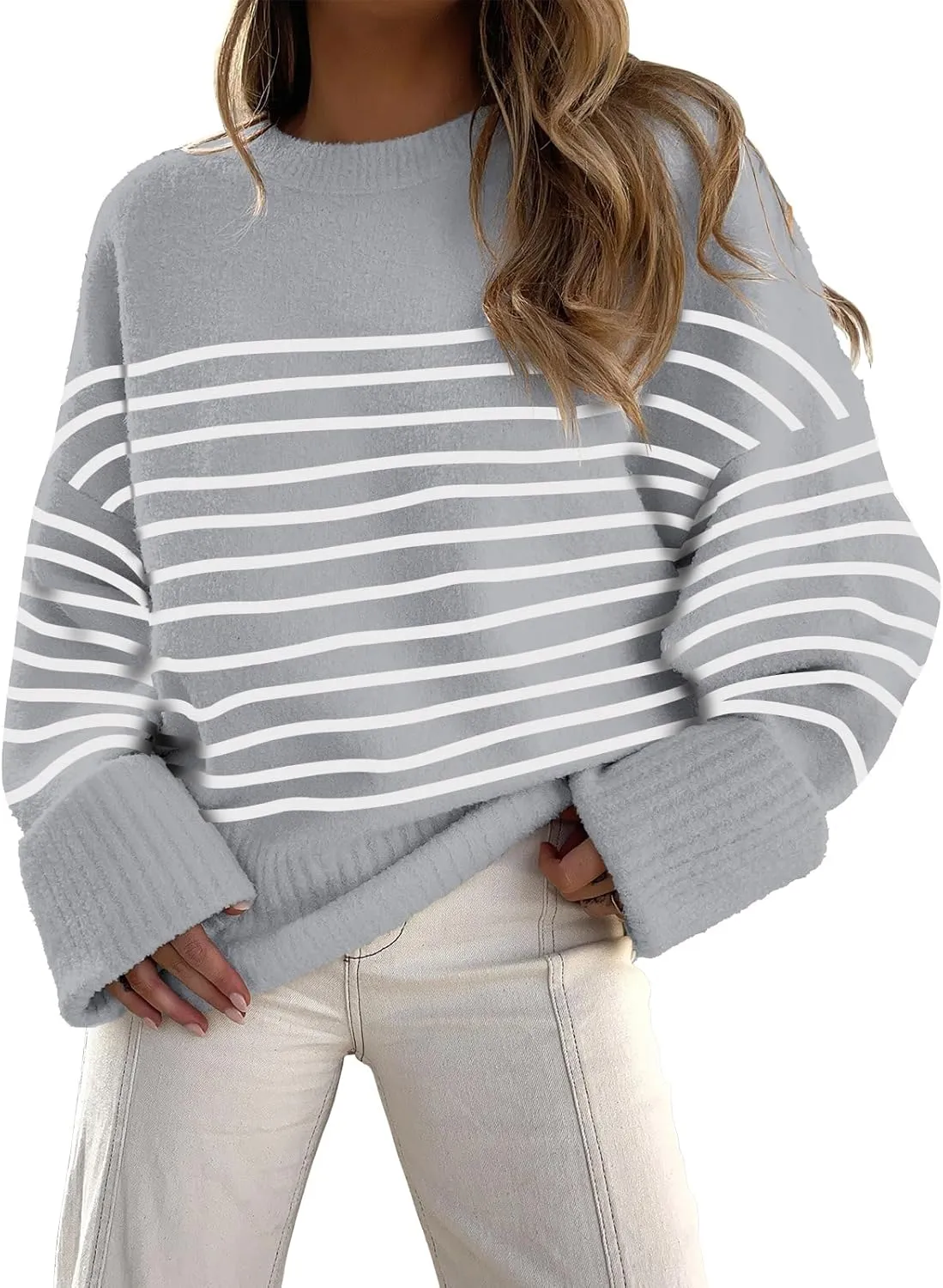 Women's Oversized Crewneck Long Sleeve Fuzzy Knit Casual Chunky Warm 2024 Fall Pullover Sweaters Top Trendy Outfits