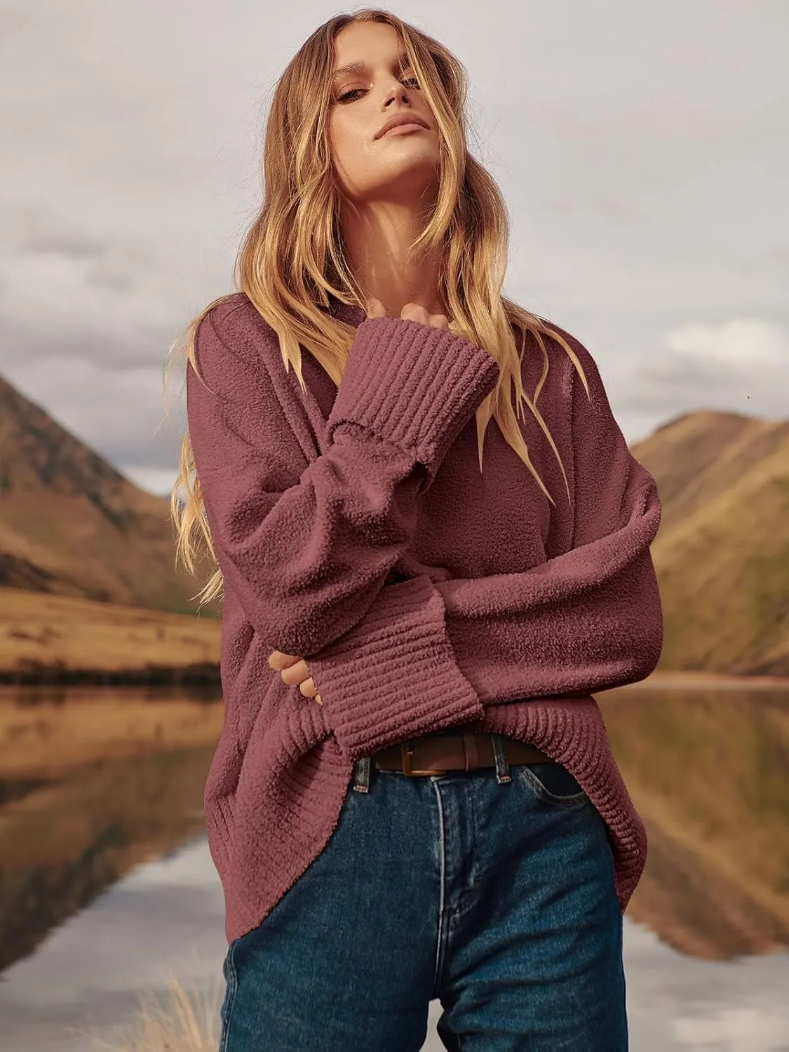 Women's Oversized Crewneck Long Sleeve Fuzzy Knit Casual Chunky Warm 2024 Fall Pullover Sweaters Top Trendy Outfits