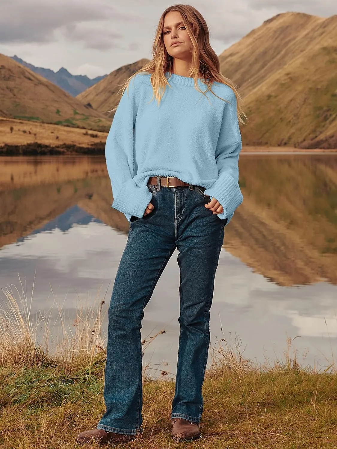 Women's Oversized Crewneck Long Sleeve Fuzzy Knit Casual Chunky Warm 2024 Fall Pullover Sweaters Top Trendy Outfits