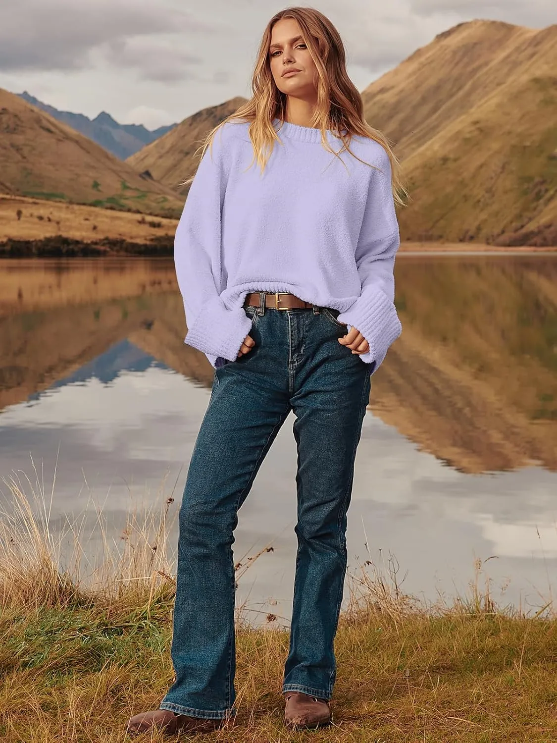 Women's Oversized Crewneck Long Sleeve Fuzzy Knit Casual Chunky Warm 2024 Fall Pullover Sweaters Top Trendy Outfits