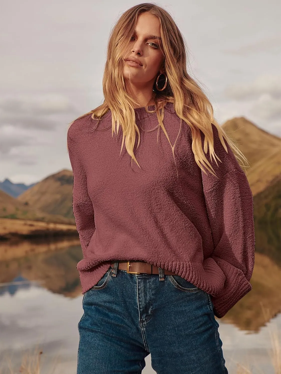 Women's Oversized Crewneck Long Sleeve Fuzzy Knit Casual Chunky Warm 2024 Fall Pullover Sweaters Top Trendy Outfits