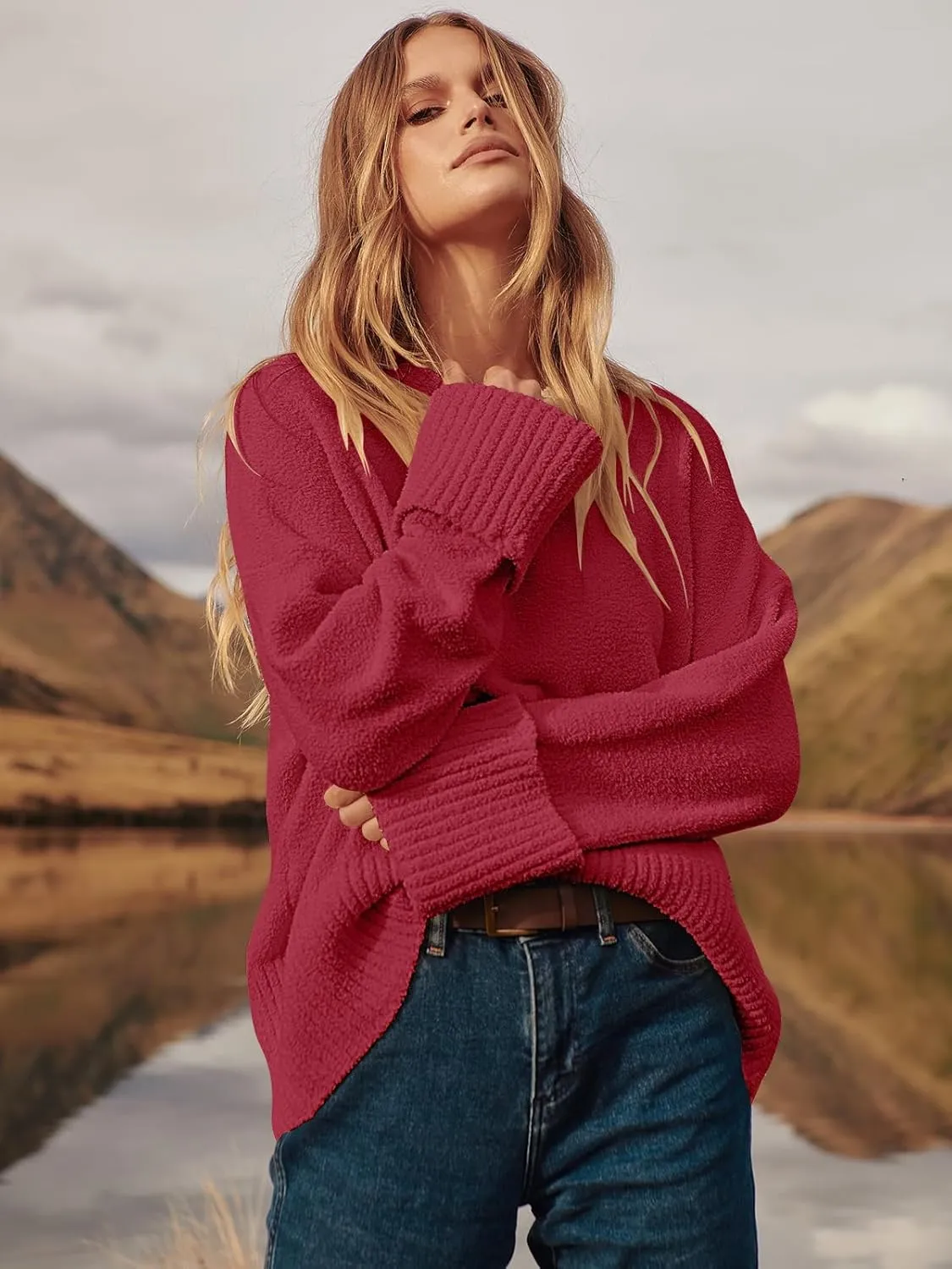 Women's Oversized Crewneck Long Sleeve Fuzzy Knit Casual Chunky Warm 2024 Fall Pullover Sweaters Top Trendy Outfits