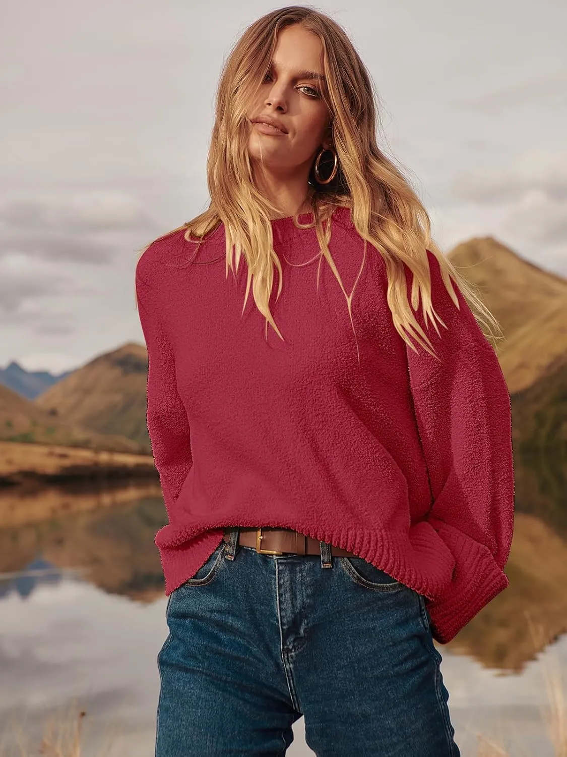 Women's Oversized Crewneck Long Sleeve Fuzzy Knit Casual Chunky Warm 2024 Fall Pullover Sweaters Top Trendy Outfits