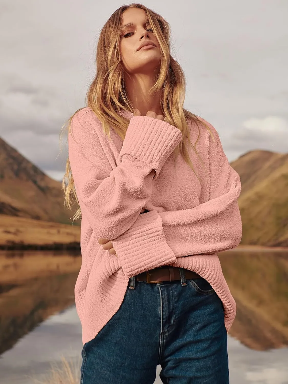 Women's Oversized Crewneck Long Sleeve Fuzzy Knit Casual Chunky Warm 2024 Fall Pullover Sweaters Top Trendy Outfits