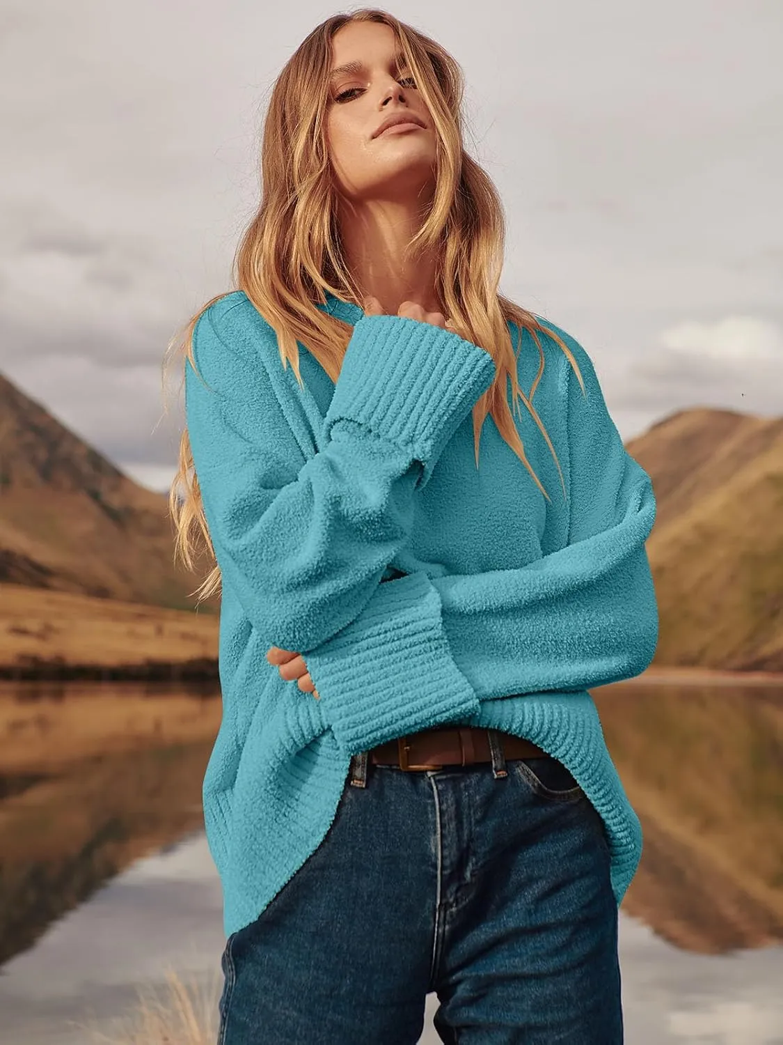 Women's Oversized Crewneck Long Sleeve Fuzzy Knit Casual Chunky Warm 2024 Fall Pullover Sweaters Top Trendy Outfits