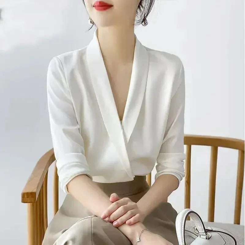 Women's Tunic V Neck Solid Color Elegant Blouses Spring Autumn Office Lady Silk Satin Solid Black White Long Sleeve Shirt Women