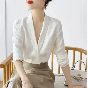 Women's Tunic V Neck Solid Color Elegant Blouses Spring Autumn Office Lady Silk Satin Solid Black White Long Sleeve Shirt Women