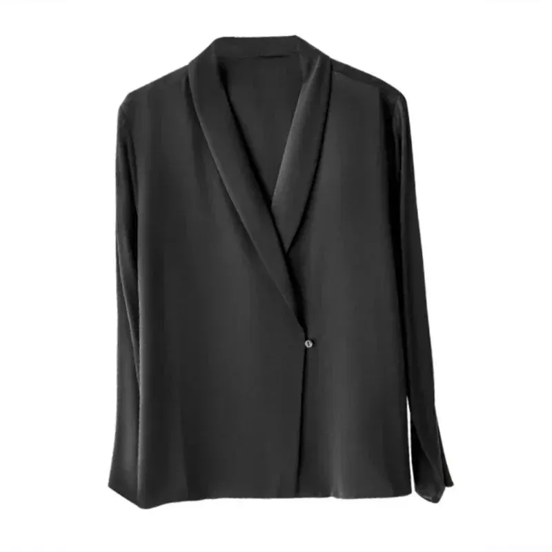 Women's Tunic V Neck Solid Color Elegant Blouses Spring Autumn Office Lady Silk Satin Solid Black White Long Sleeve Shirt Women