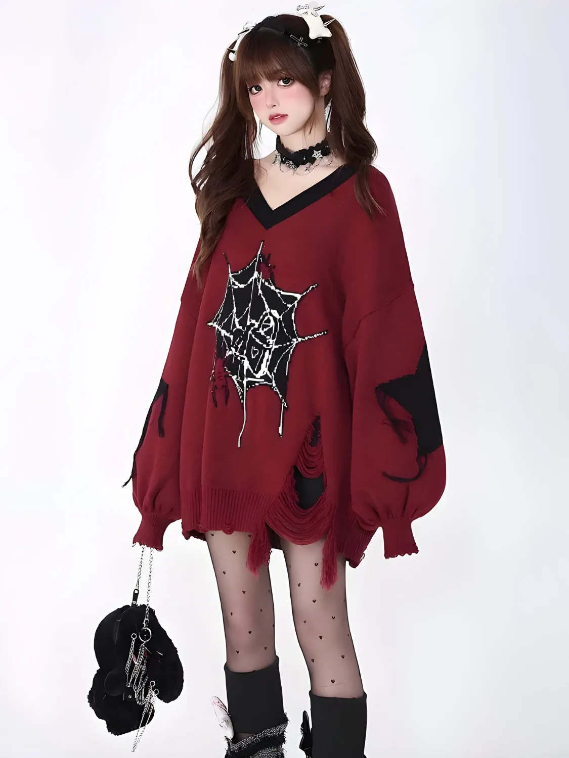 Y2K Spider Web Distressed Sweater