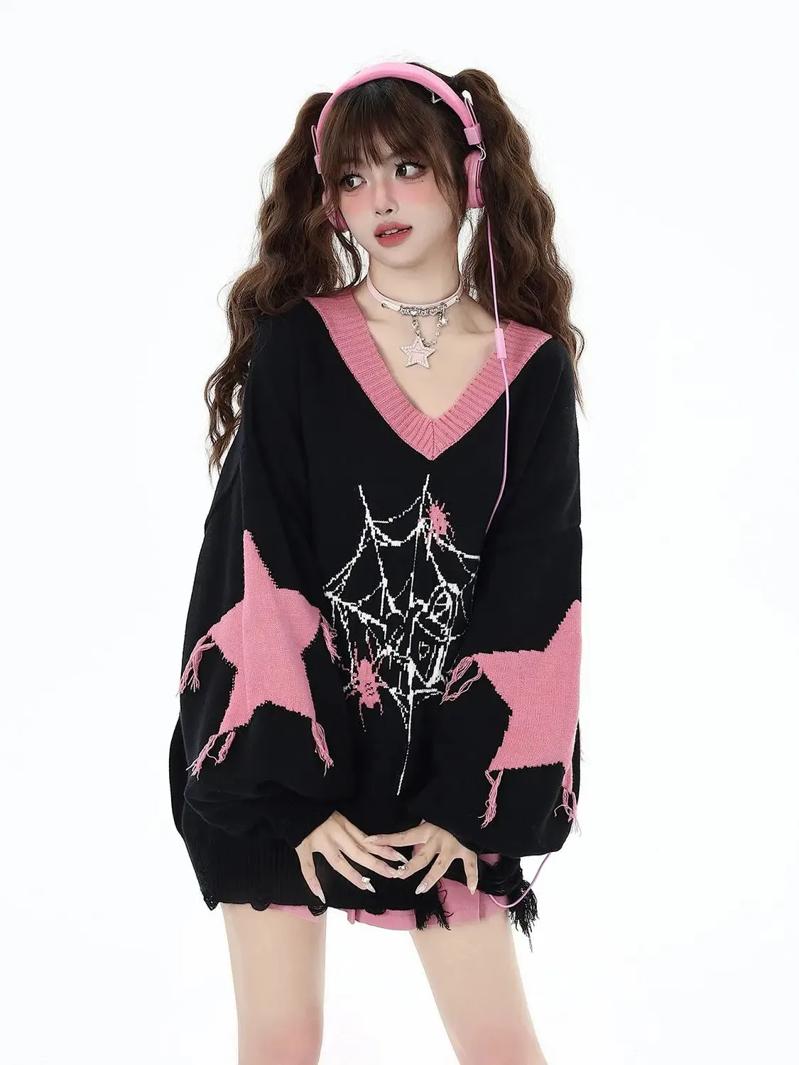Y2K Spider Web Distressed Sweater