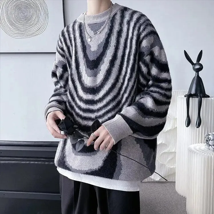 Y2K Sweater with Wavy Stripes and Classic Crew Neck Long Sleeves