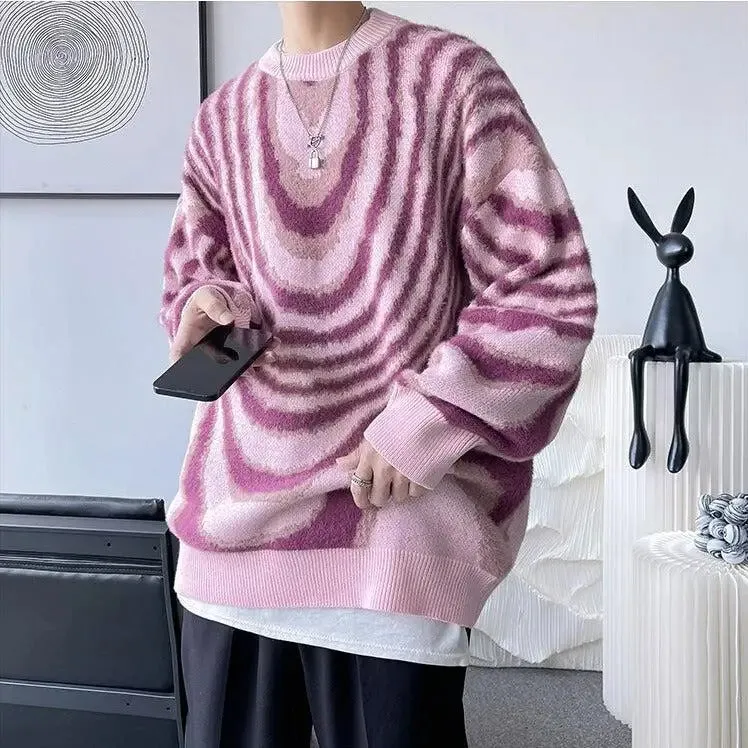 Y2K Sweater with Wavy Stripes and Classic Crew Neck Long Sleeves